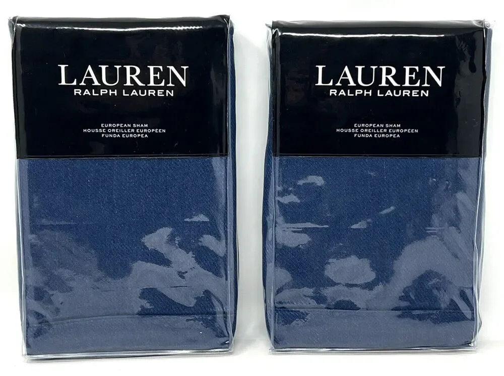 Ralph Lauren Gavin Euro Pillow Shams Indigo Blue 100% Linen Pair Of 2 26” X 26”